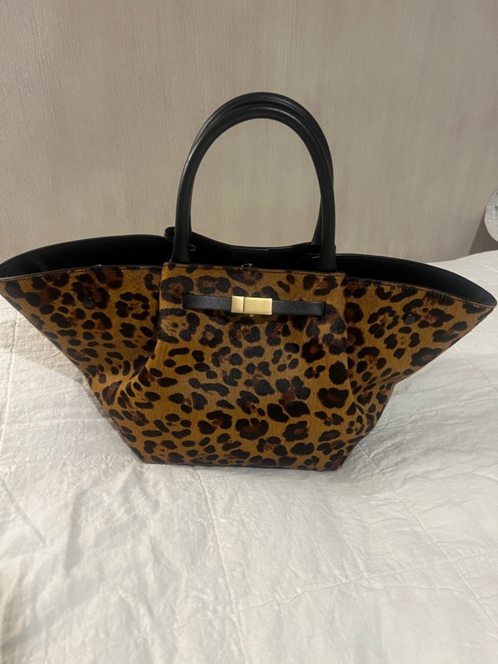 DeMellier Leopard Print Tote with Black Handles and Gold Accent